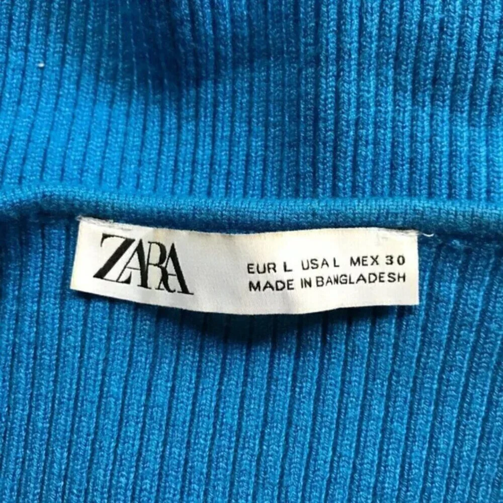 ZARA Blue Tie Front Rib Knit Crop Top Size Large